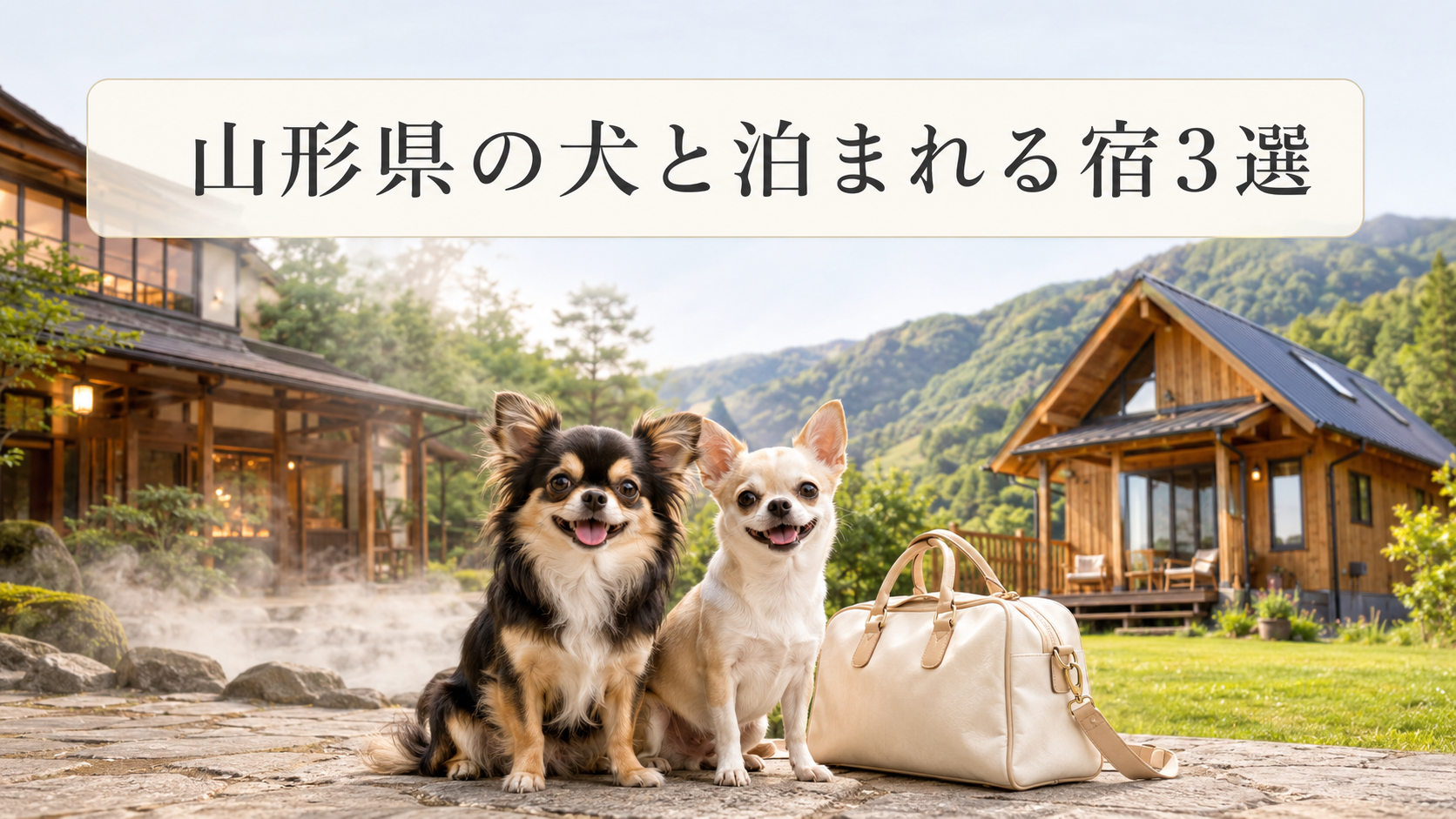 山形県の犬と泊まれる温泉旅館とコテージを比較する2頭のチワワ